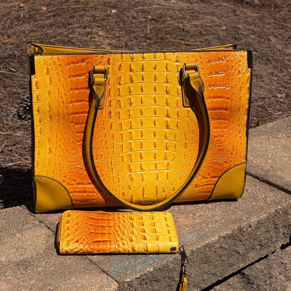 Yellow Orange Crocodile Embossed Tote Bag and Matching Wallet Set